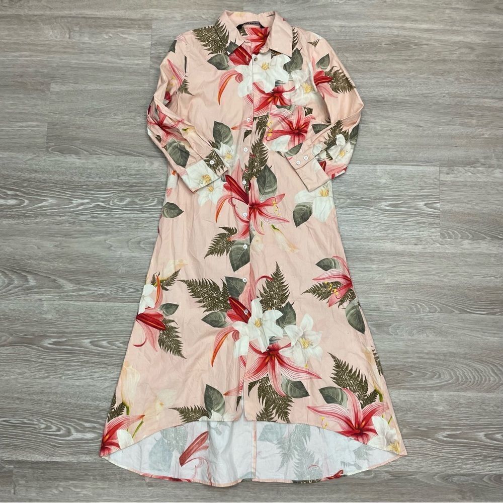 Zara Pastel Pink Tropical Floral Print Shirt dress Midi length sz XS